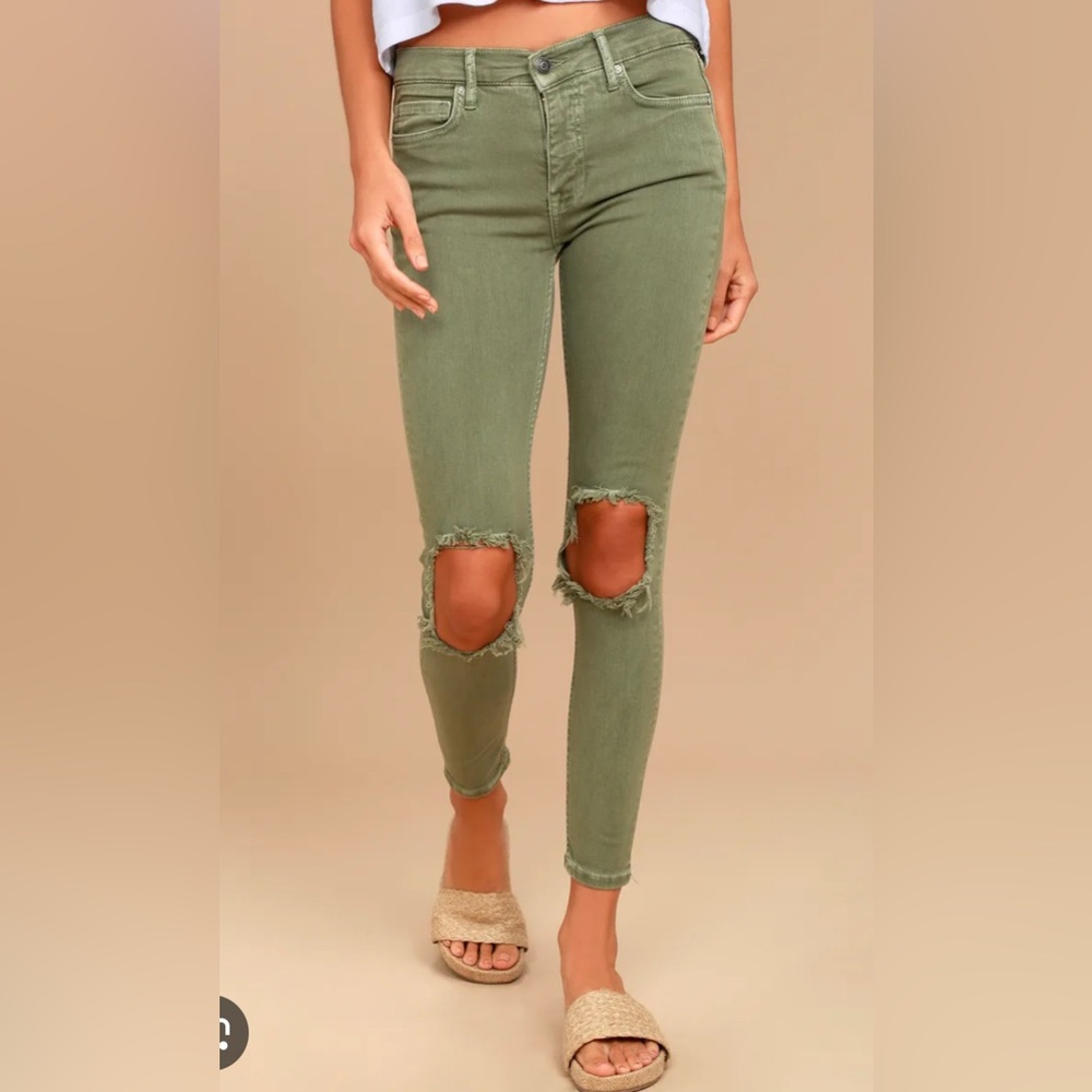 Army Green Free People Ripped Low Rise Jeans, Size 27